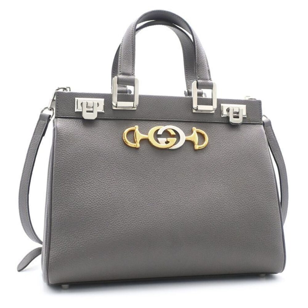 Gucci Zumi Leather Interlocking GG Double 2Way Shoulder Bag Gray